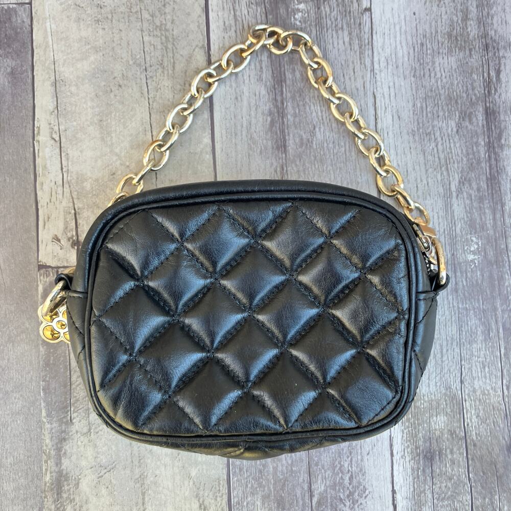Brighton Mini Handbag Purse Black Quilted Leather Chain Zipper Preppy Minimalist